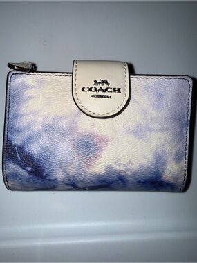 COACH Tie-Dye Leather Bifold Wallet in Cream and Blue